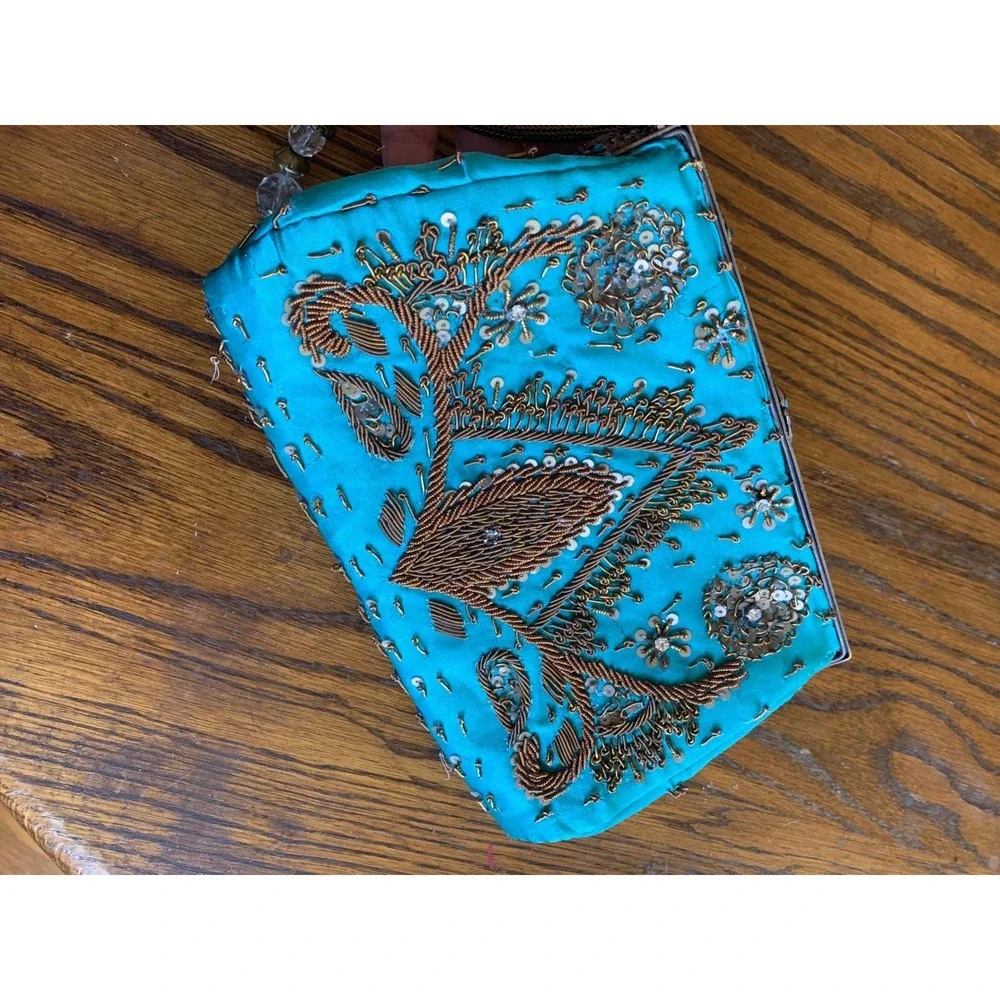 Vintage Blue Beaded Evening Bag Handbag Turquoise Goldwork Embroidery Fair